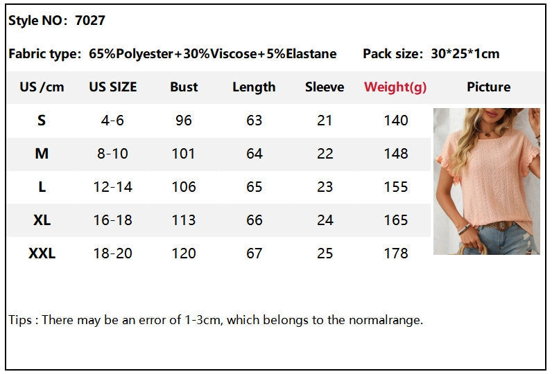 Solid Color Crewneck Sweet Short-Sleeve Hollow-Out Top