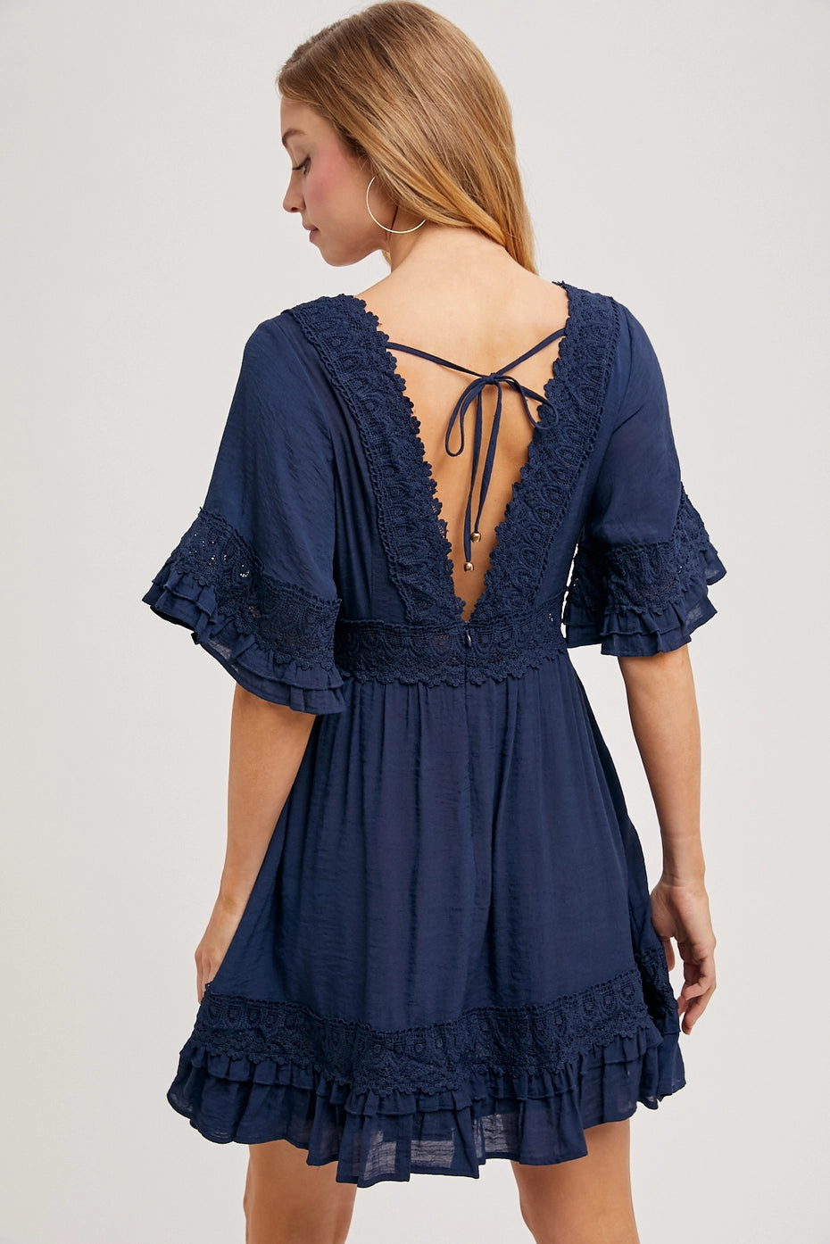 V-Neck Lace Dress - Open Back with Tie Detail