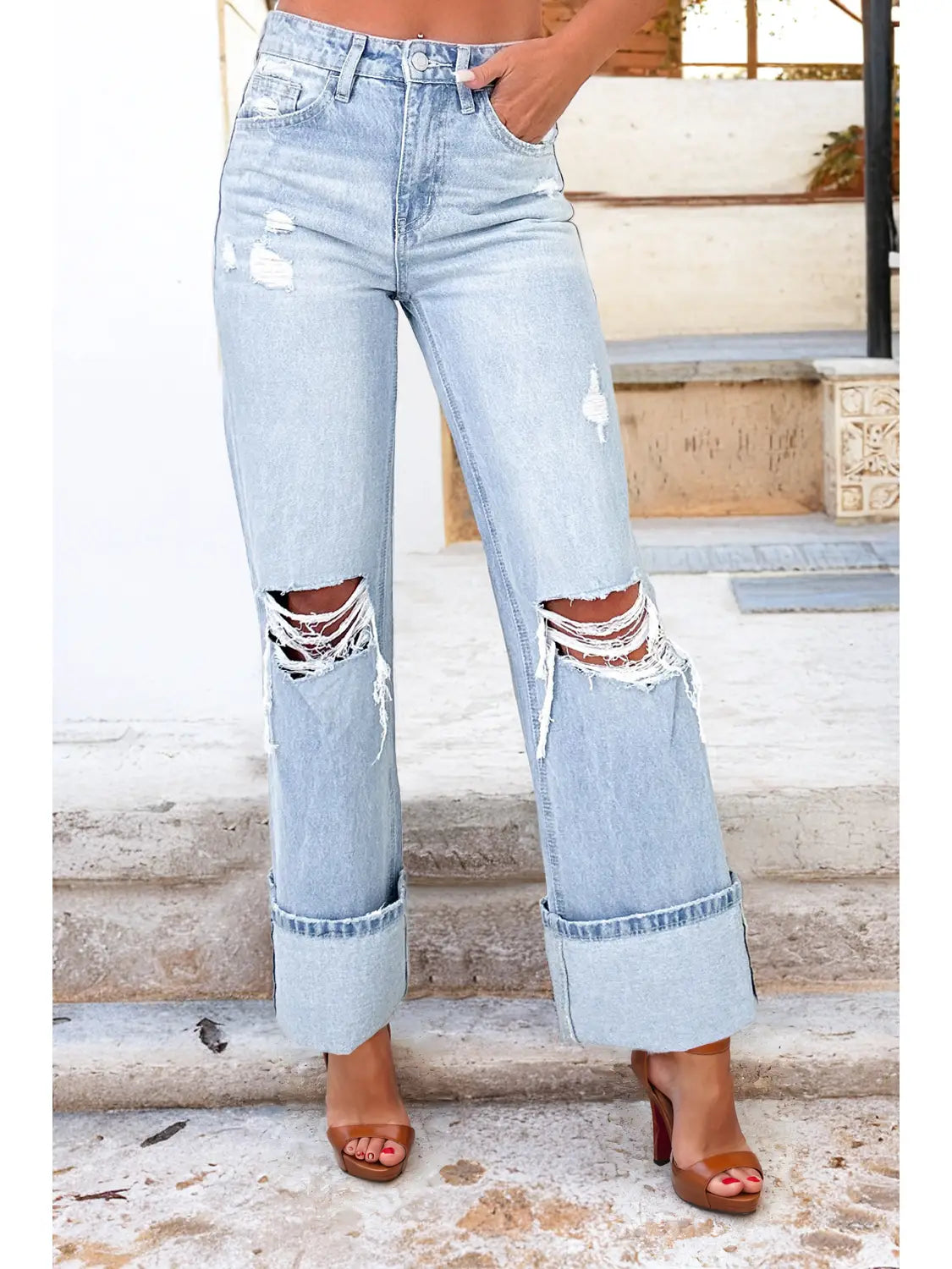 Light Wash Distressed Flare Jeans