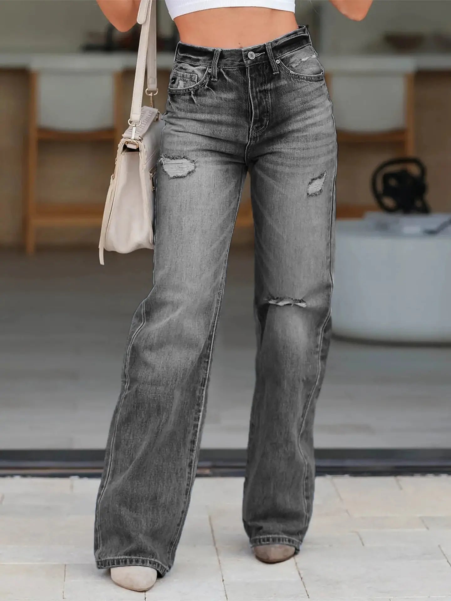 High Waisted Straight Leg Ripped Jeans