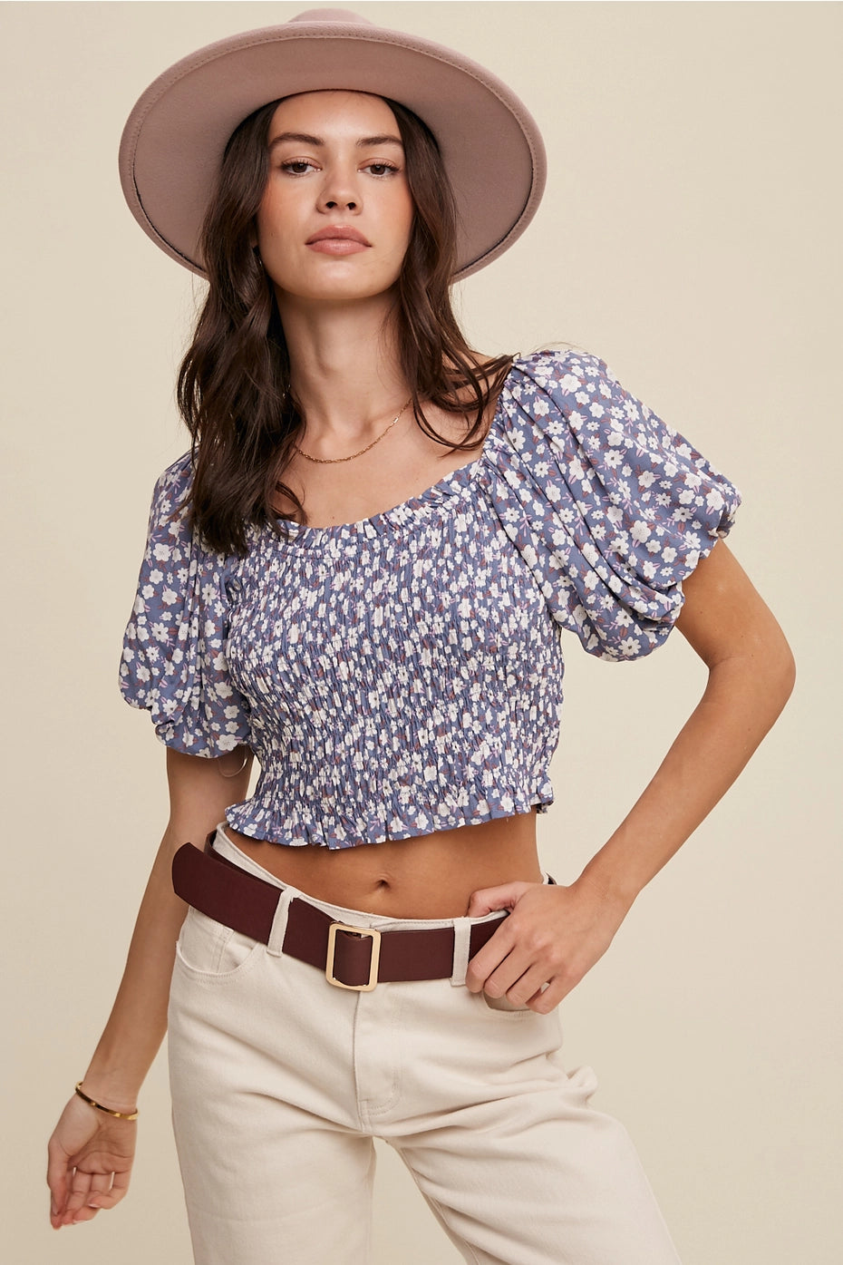 Smocked Puff Sleeve Crop Top