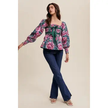 Floral Puff Sleeve Blouse with Bow Detail