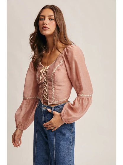 Lace-Up Embroidered Puff Sleeve Top