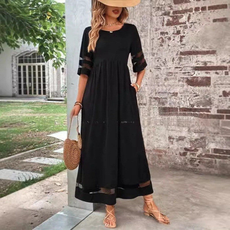 Mesh Round Neck Patch Pocket Midi Dress