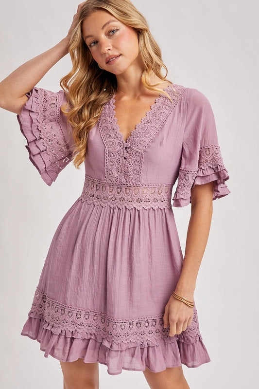 V-Neck Lace Dress - Open Back with Tie Detail
