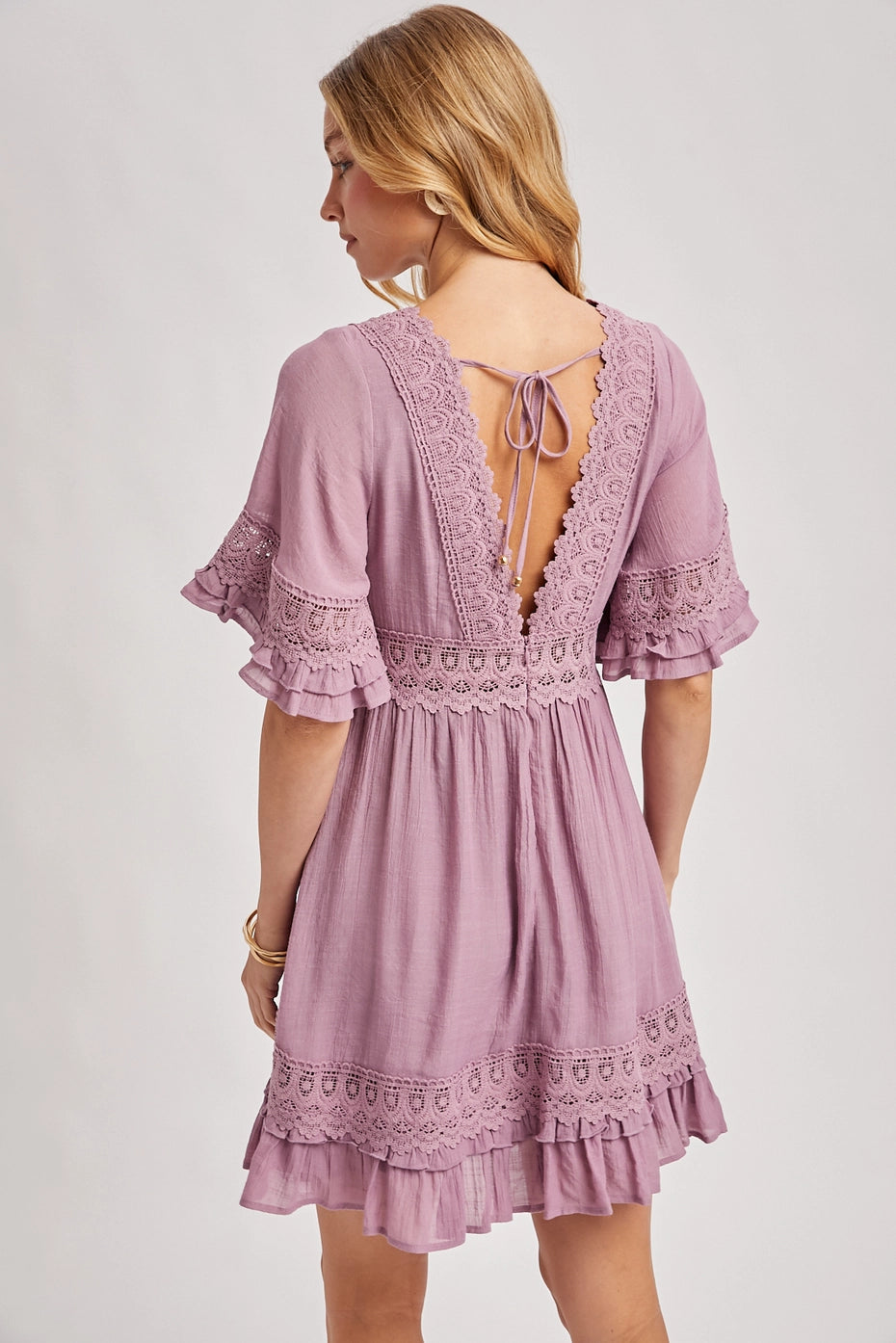 V-Neck Lace Dress - Open Back with Tie Detail