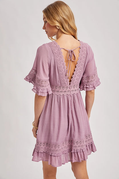 V-Neck Lace Dress - Open Back with Tie Detail