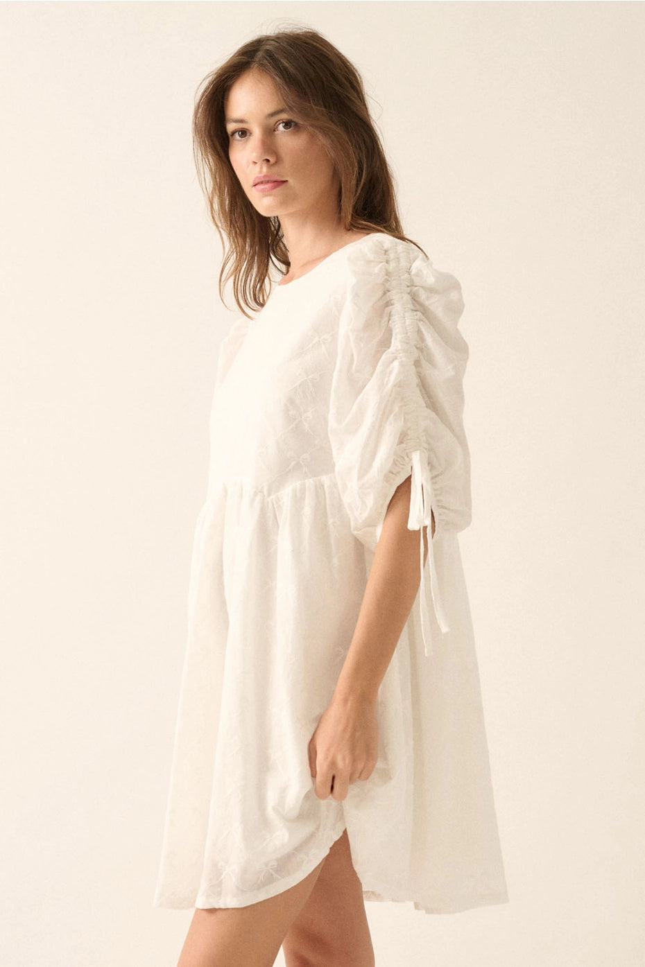 Bow-Embroidered Ruched-Sleeve Babydoll Mini Dress