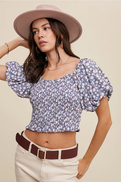 Smocked Puff Sleeve Crop Top