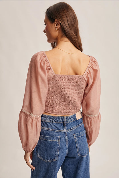 Lace-Up Embroidered Puff Sleeve Top