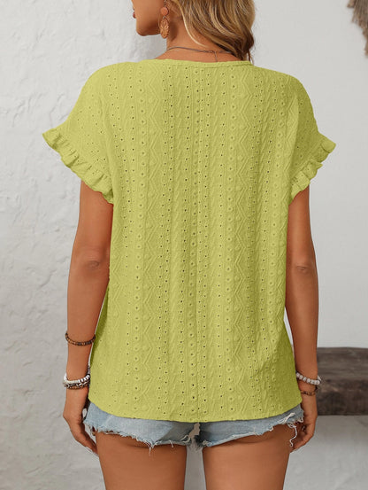 Solid Color Crewneck Sweet Short-Sleeve Hollow-Out Top