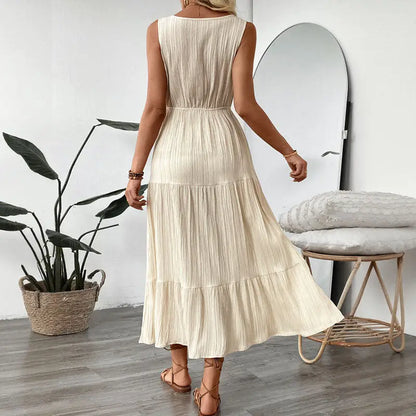 Textured Sleeveless Midi Dress Casual Flowy Vacation Look