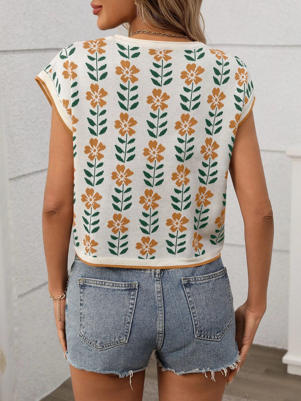 Retro Floral Knit Crop Top Short Sleeve Vintage Pullover Tee