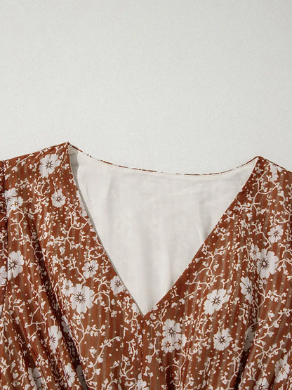 Brown Boho Floral Ruffled Puff Sleeve V Neck Mini Dress