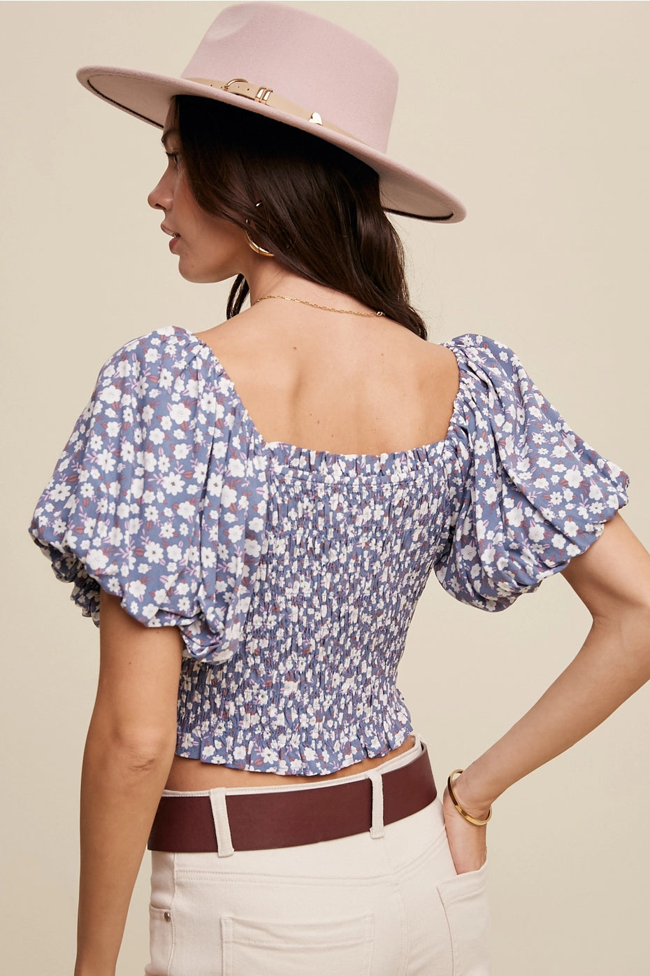 Smocked Puff Sleeve Crop Top