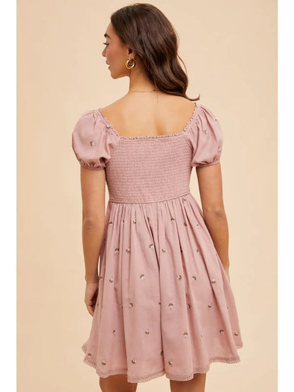 Cross Stitched Embroidered Babydoll Mini Dress