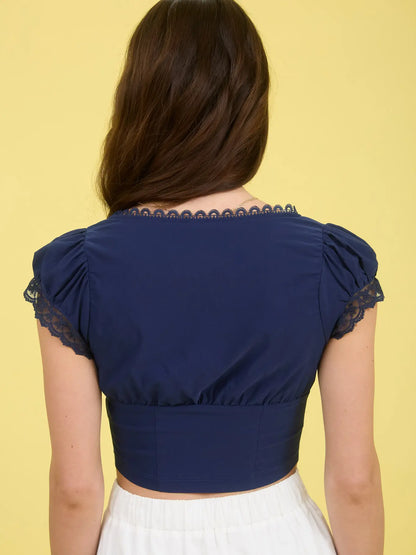 Lace Trim Button Down Front Tie Crop Top