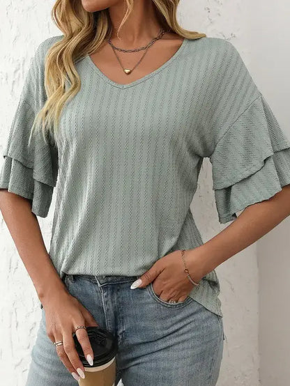 Solid V-Neck Ruffle Sleeve Short-Sleeve Top