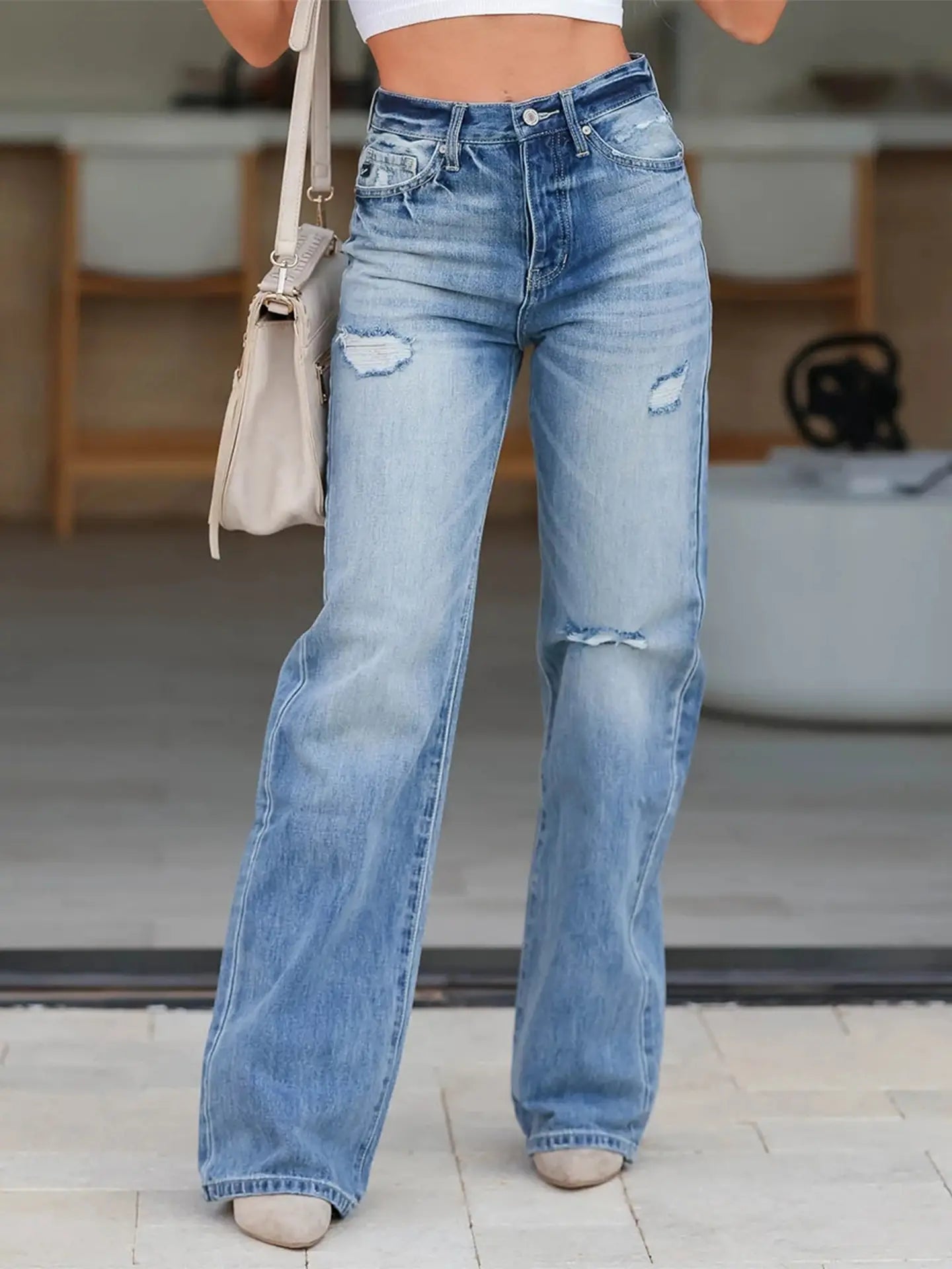 High Waisted Straight Leg Ripped Jeans