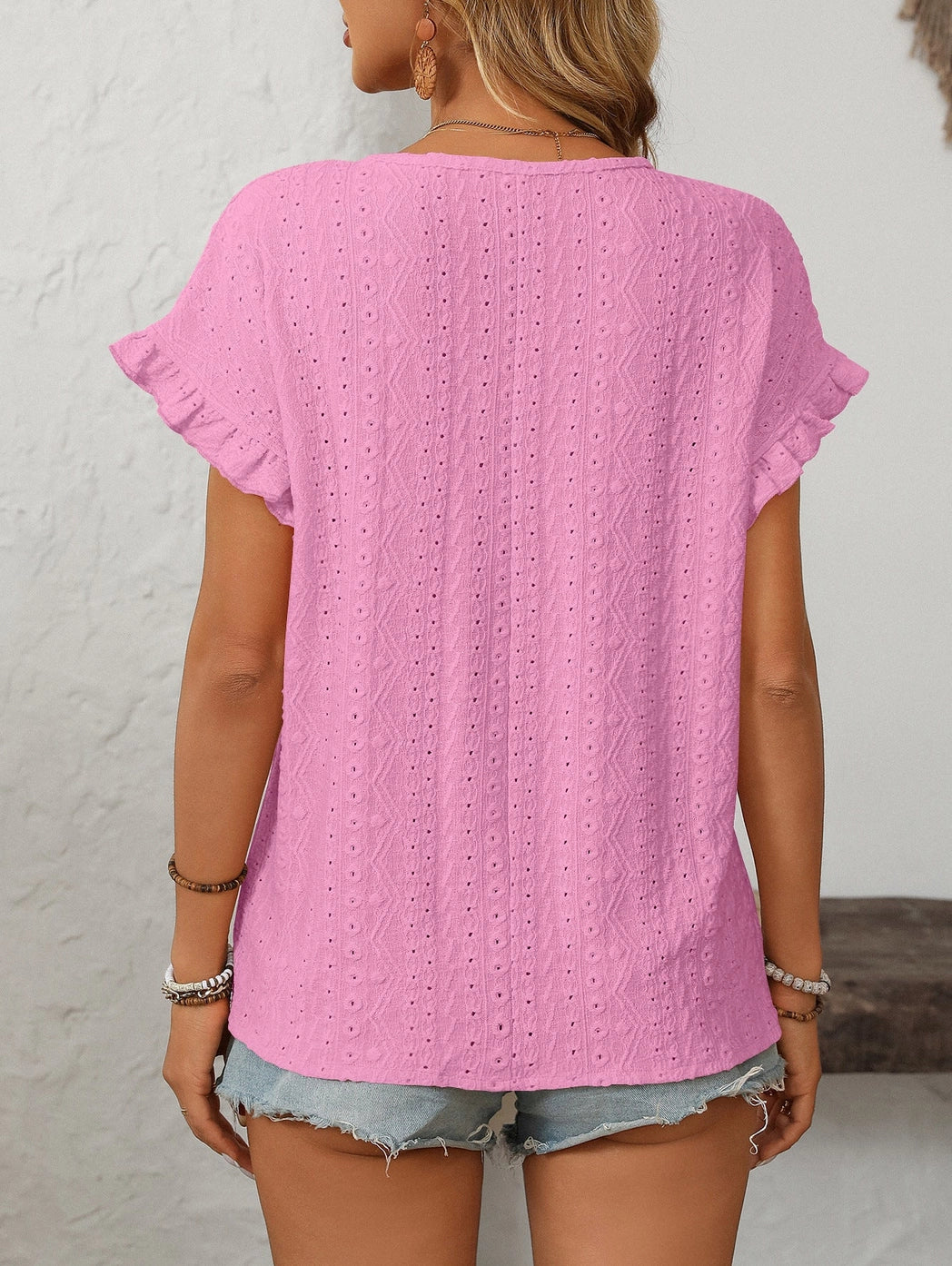 Solid Color Crewneck Sweet Short-Sleeve Hollow-Out Top