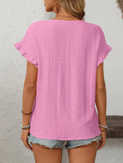 Solid Color Crewneck Sweet Short-Sleeve Hollow-Out Top