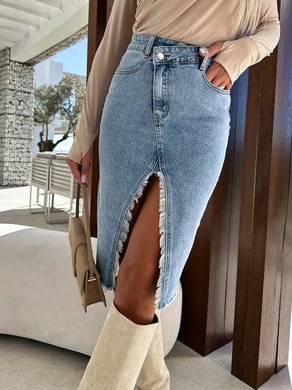 Solid Color Denim Split Skirt