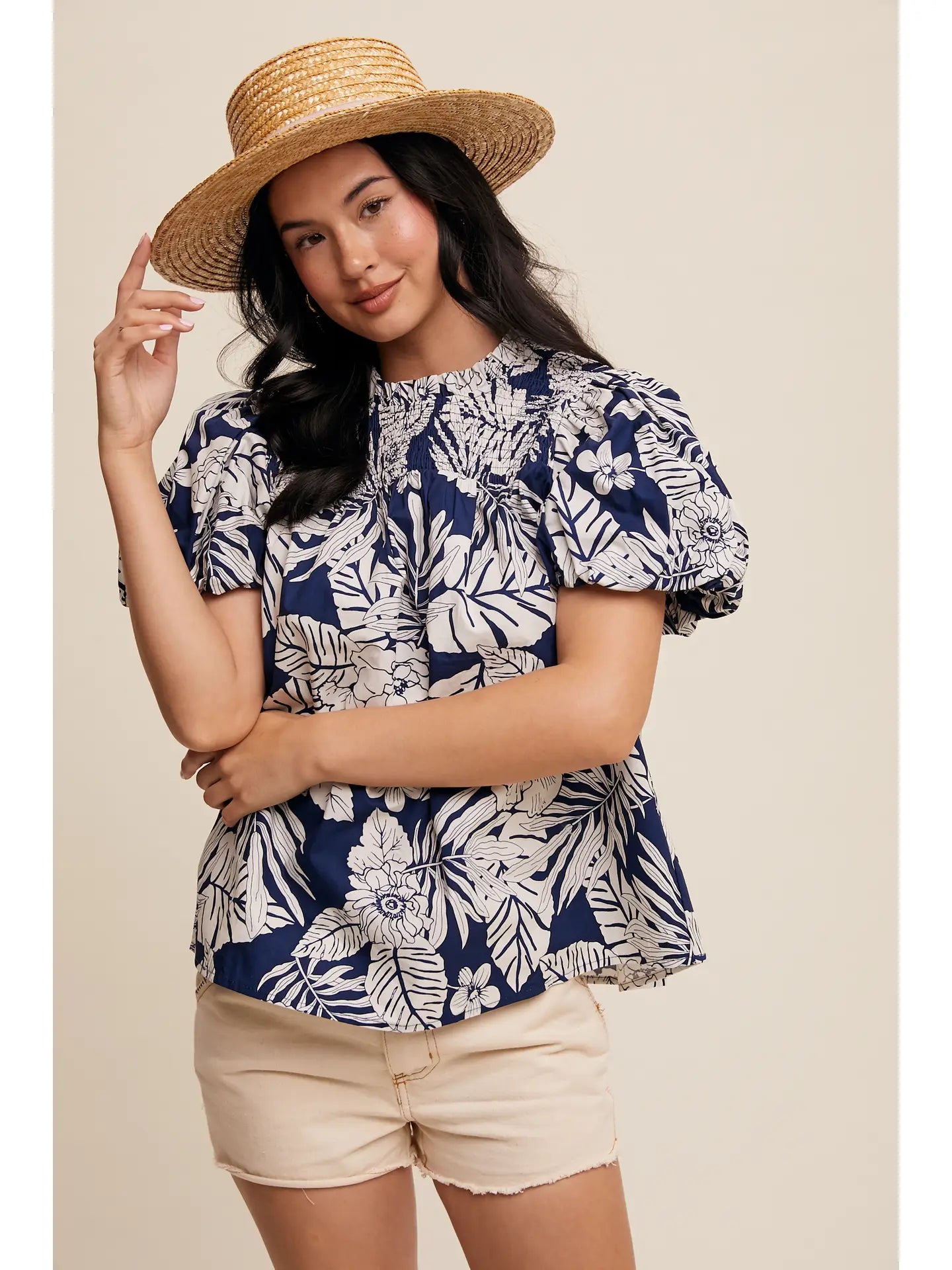 Smocked Puff-Sleeve Top