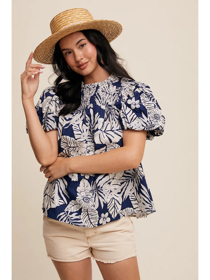 Smocked Puff-Sleeve Top