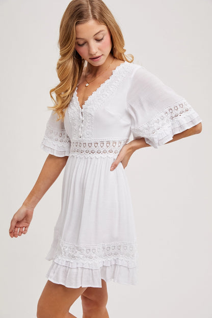V-Neck Lace Dress - Open Back with Tie Detail