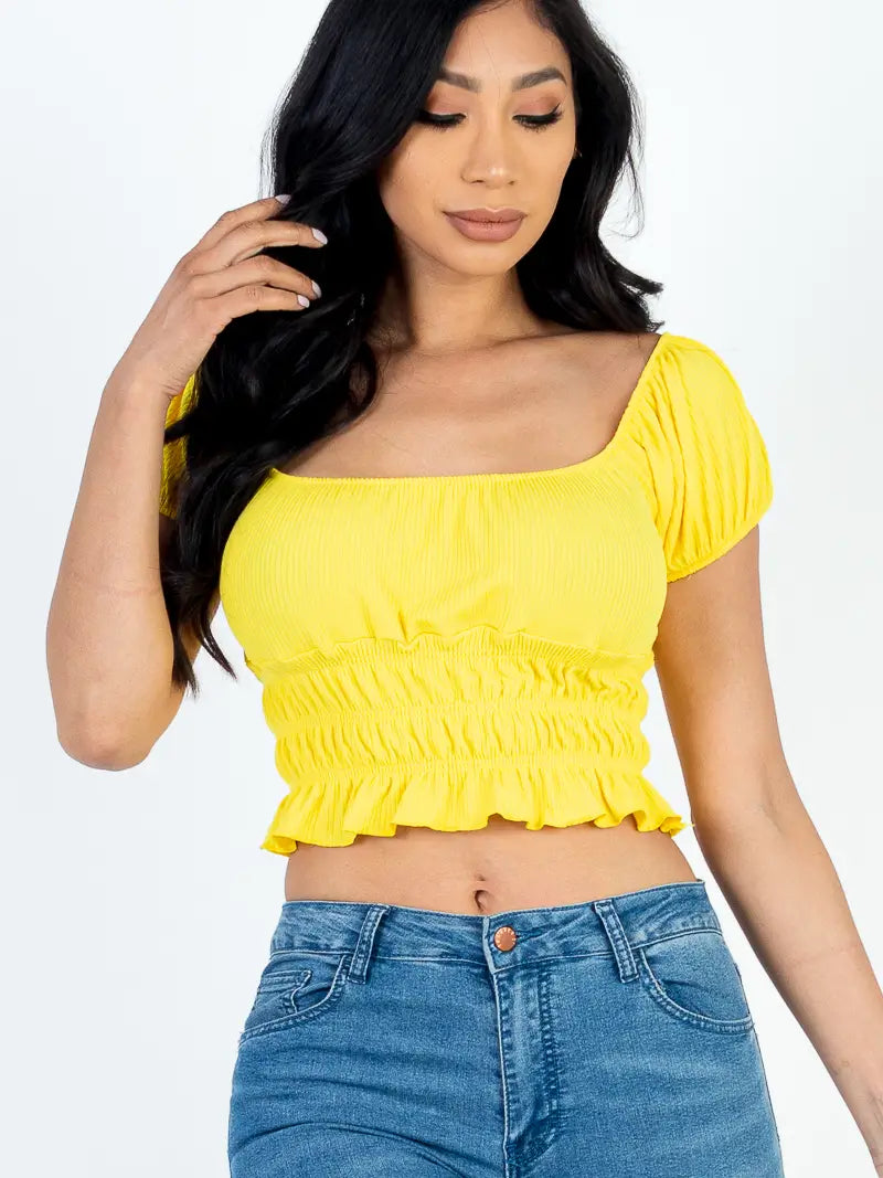 Casual Ruched Puff Sleeve Ribbed Knit Solid Top