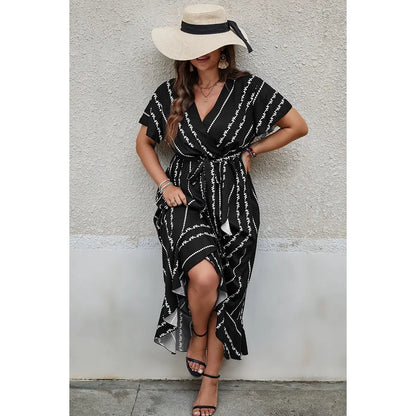 Plus Deep V Belt Asymmetric Hem Fit Dress