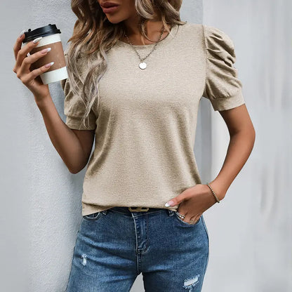 Casual Solid Puff Sleeve Pullover T-Shirt