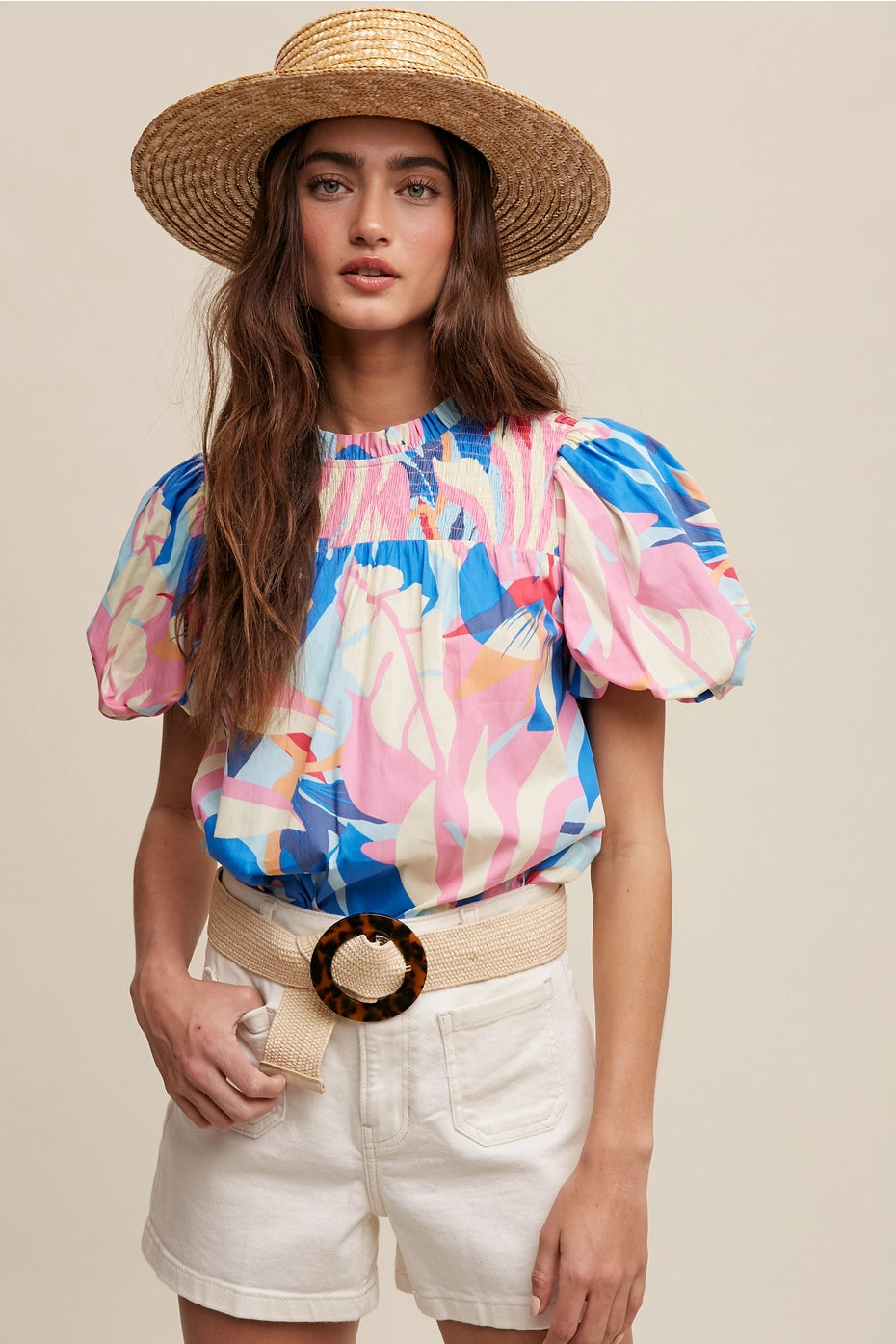 Smocked Puff-Sleeve Top