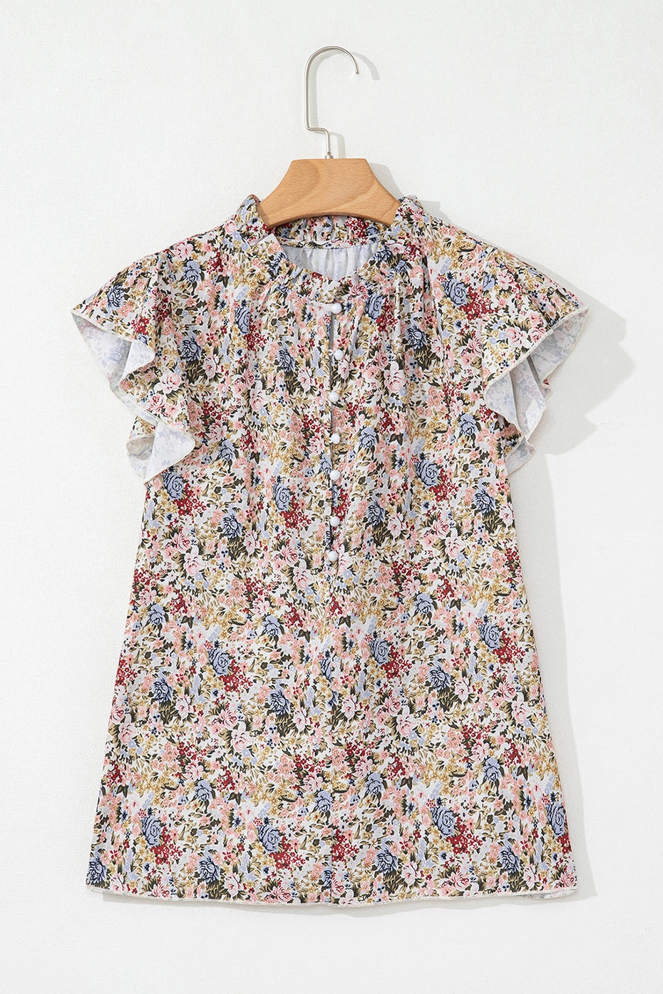 Red Boho Floral Frilled Button Neck Ruffle Short Sleeve Blouse