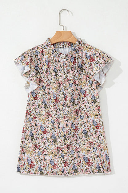 Red Boho Floral Frilled Button Neck Ruffle Short Sleeve Blouse