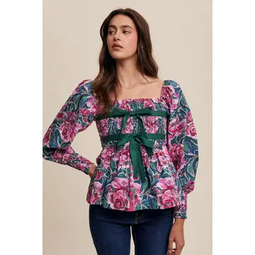 Floral Puff Sleeve Blouse with Bow Detail
