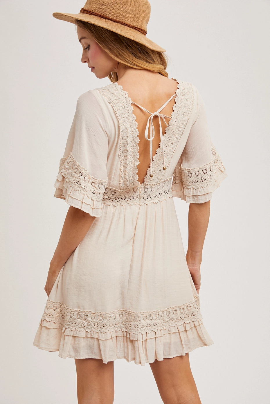 V-Neck Lace Dress - Open Back with Tie Detail