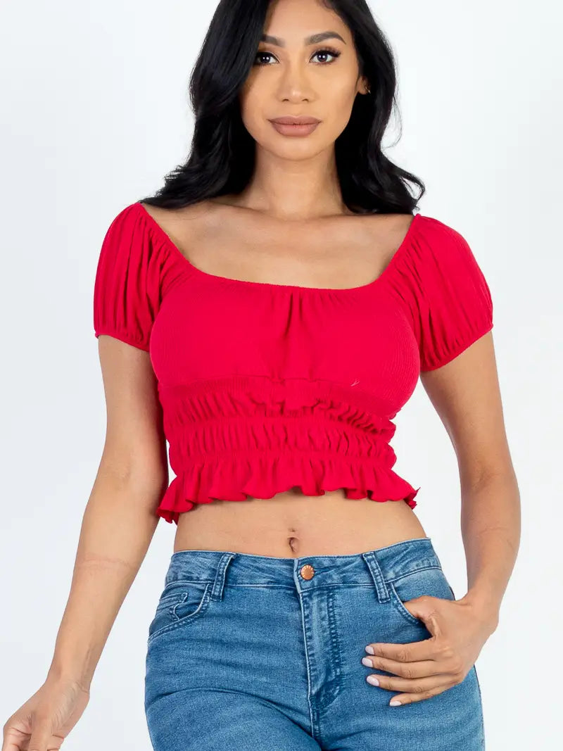 Casual Ruched Puff Sleeve Ribbed Knit Solid Top