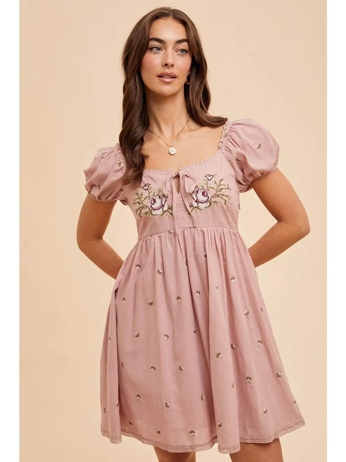 Cross Stitched Embroidered Babydoll Mini Dress