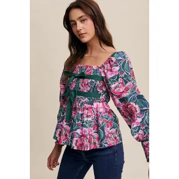 Floral Puff Sleeve Blouse with Bow Detail