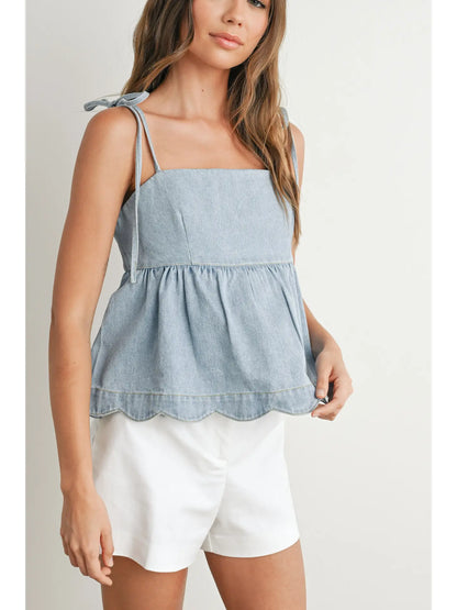 Denim Tie-Strap Peplum Top