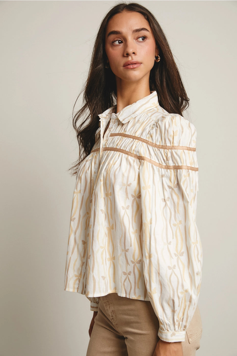 Ribbon Stripe Puff Sleeve Blouse
