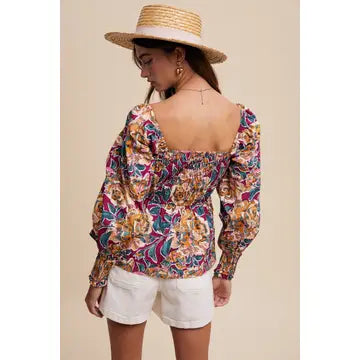 Floral Puff Sleeve Blouse with Bow Detail