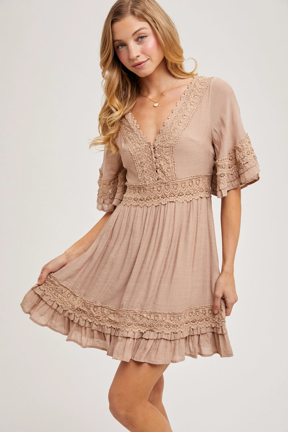 V-Neck Lace Dress - Open Back with Tie Detail