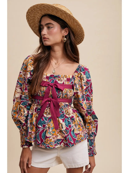 Floral Puff Sleeve Blouse with Bow Detail
