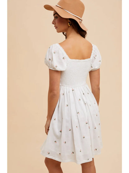 Cross Stitched Embroidered Babydoll Mini Dress