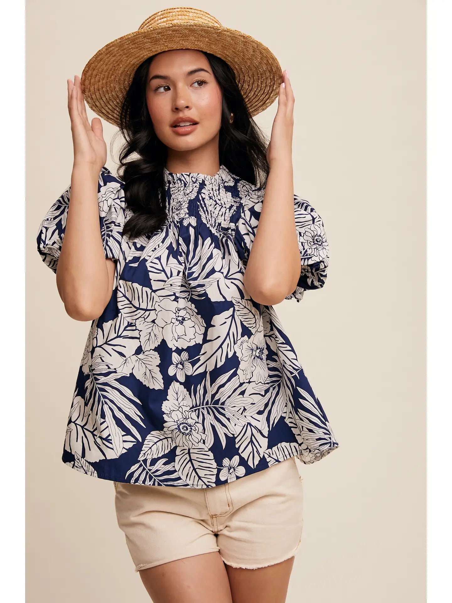 Smocked Puff-Sleeve Top