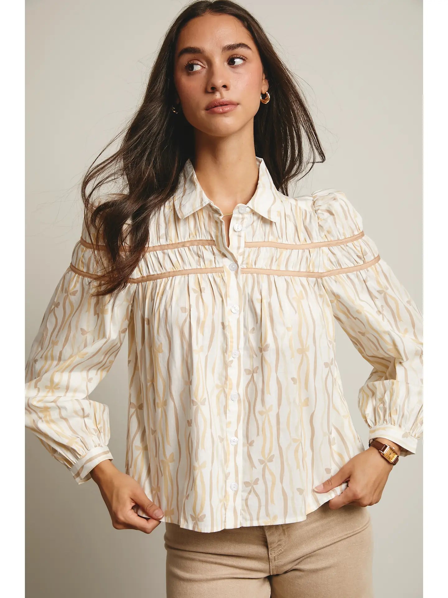 Ribbon Stripe Puff Sleeve Blouse