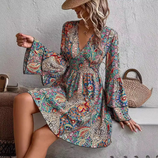 Floral Printed Flare Sleeves V Neck Dress