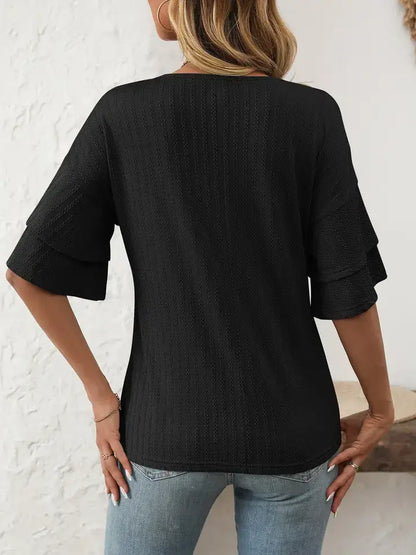 Solid V-Neck Ruffle Sleeve Short-Sleeve Top